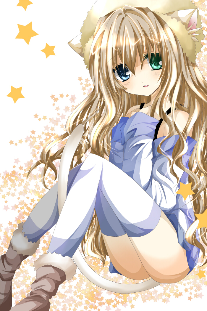 animal_ears bad_id bad_pixiv_id between_legs blonde_hair cat_ears cat_tail hands_on_own_chest heterochromia looking_at_viewer nanase_nao open_mouth original solo star tail tail_between_legs thighhighs