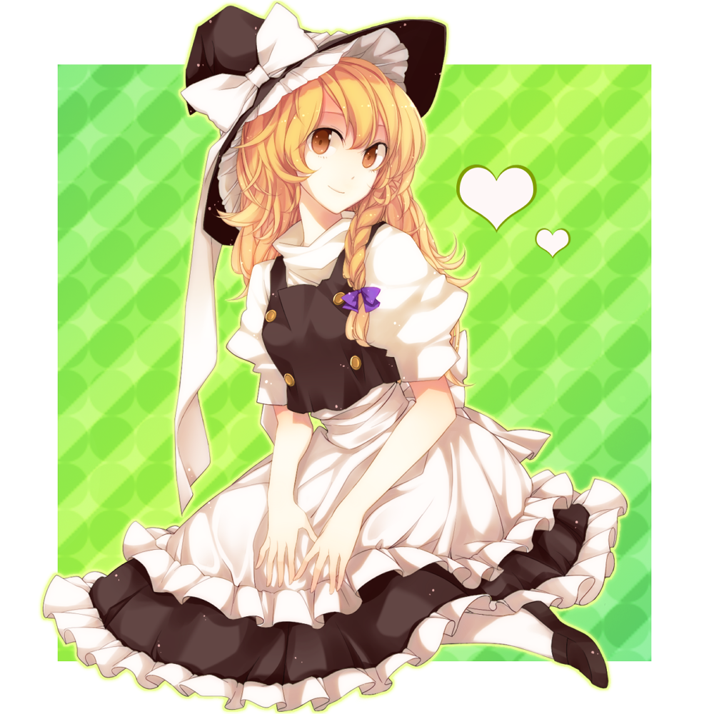 apron bad_id bad_pixiv_id blonde_hair braid buttons face frills hands hat heart homura_(aristocrat-y) kirisame_marisa looking_at_viewer orange_eyes puffy_sleeves side_braid sitting smile solo touhou turtleneck waist_apron witch_hat