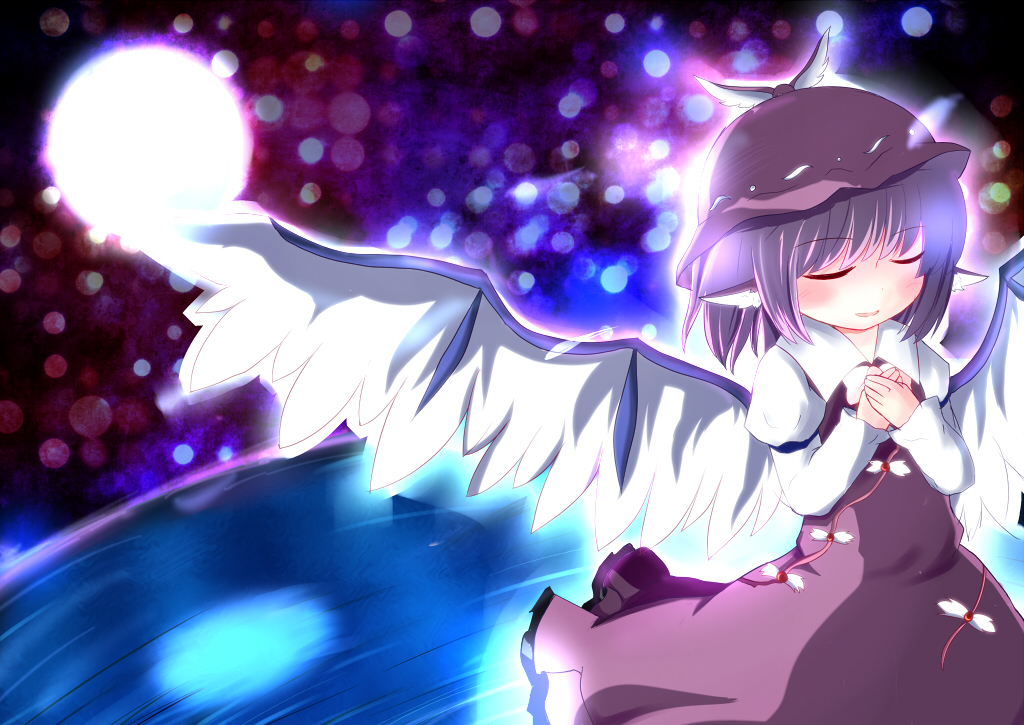 animal_ears closed_eyes dress glowing hands_on_own_chest hands_together hat long_sleeves mystia_lorelei own_hands_together purple_hair short_hair smile solo touhou wings zetz
