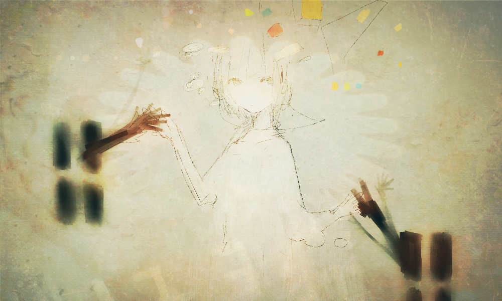bad_id bad_pixiv_id beige_background expressionless hands looking_at_viewer menruiko monochrome original red_eyes simple_background solo_focus spot_color upper_body white