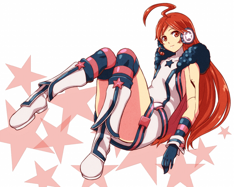 ahoge bad_id bad_pixiv_id boots gloves headphones headset kneehighs long_hair red_eyes red_hair robot_joints sf-a2_miki shibasaki_shouji smile solo striped striped_legwear thighhighs vocaloid