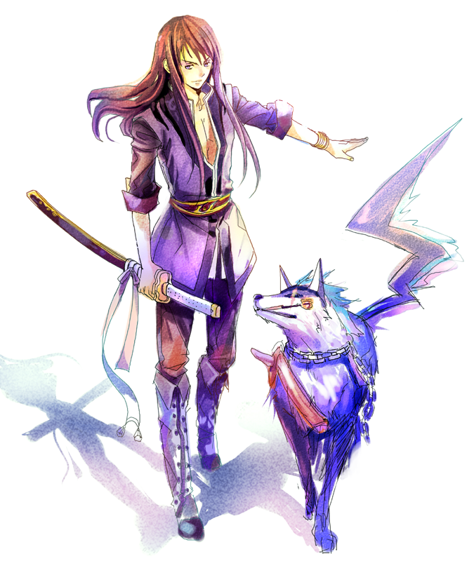 animal belt black_hair boots bracelet chain collar dog isee77630 jewelry kiseru knee_boots long_hair male_focus pipe repede shadow solo sword tales_of_(series) tales_of_vesperia weapon white_background yuri_lowell