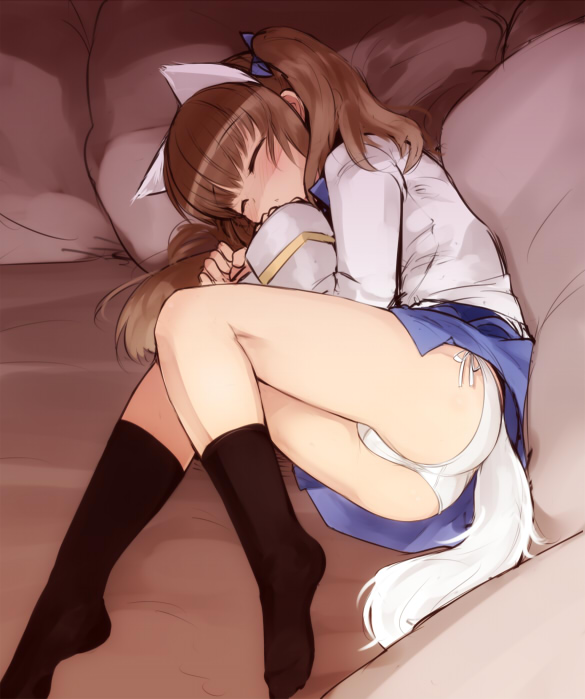animal_ears ass bad_id bad_pixiv_id brave_witches brown_hair closed_eyes georgette_lemare hair_ribbon military military_uniform null_(nyanpyoun) panties pantyshot ribbon side-tie_panties sleeping socks solo tail twintails underwear uniform upskirt world_witches_series