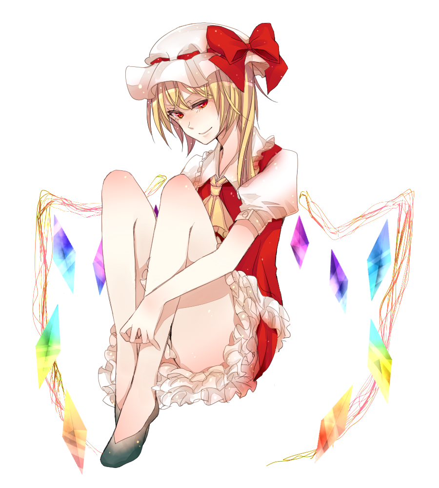 ascot bad_id bad_pixiv_id bare_legs blonde_hair face flandre_scarlet full_body hat homura_(aristocrat-y) legs no_socks red_eyes shoes side_ponytail simple_background sitting solo touhou wings