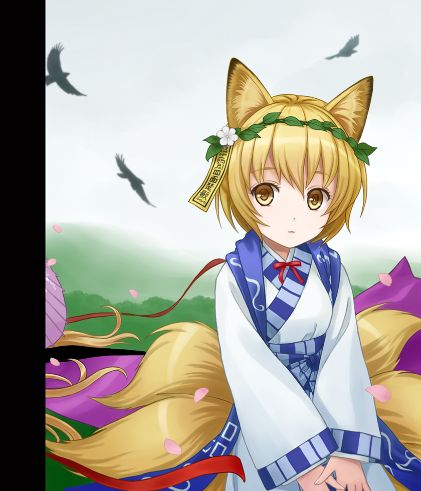 alternate_costume animal_ears bird blonde_hair fox_ears fox_tail head_wreath japanese_clothes multiple_tails no_hat no_headwear short_hair solo tail touhou tucana yakumo_ran yellow_eyes younger