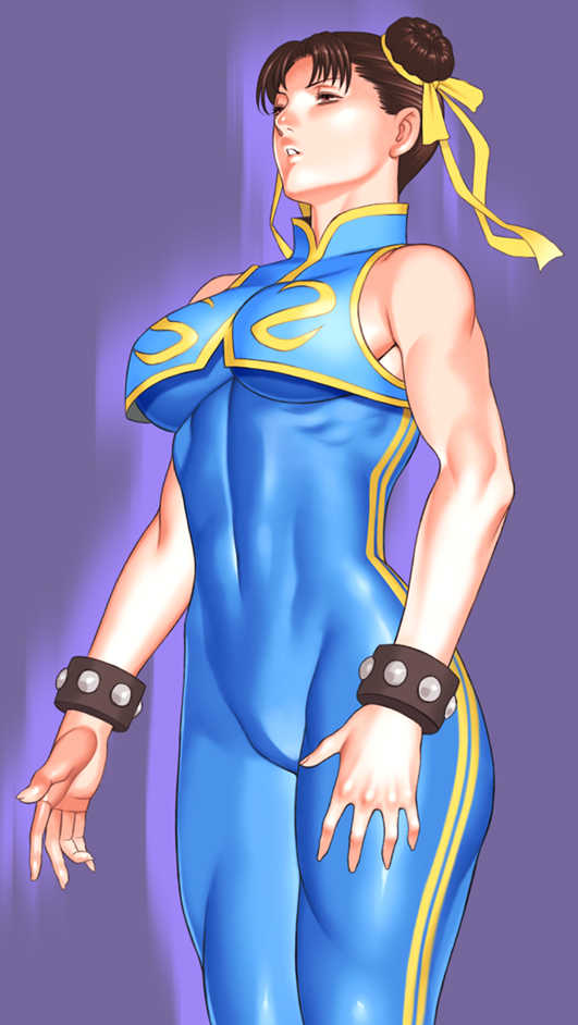 bodysuit bracelet bracelets breasts brown_eyes brown_hair capcom chinese_clothes chun-li double_bun double_buns female gradient gradient_background hair_buns hair_ribbon jewelry muscle ribbon short_hair skin_tight solo standing street_fighter street_fighter_alpha street_fighter_zero takasugi_kou