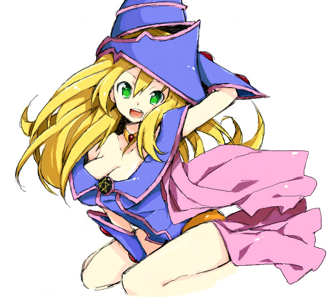 blonde_hair breasts cleavage dark_magician_girl duel_monster elbow_gloves gloves green_eyes hat large_breasts long_hair nakamura_sandayo open_mouth pentacle pentagram simple_background solo white_background yuu-gi-ou yuu-gi-ou_duel_monsters