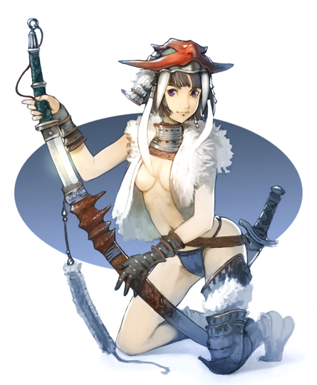 artist_request black_hair blue_eyes breasts cleavage copyright_request fundoshi helmet japanese_clothes kneeling medium_breasts no_bra short_hair smile solo sword weapon