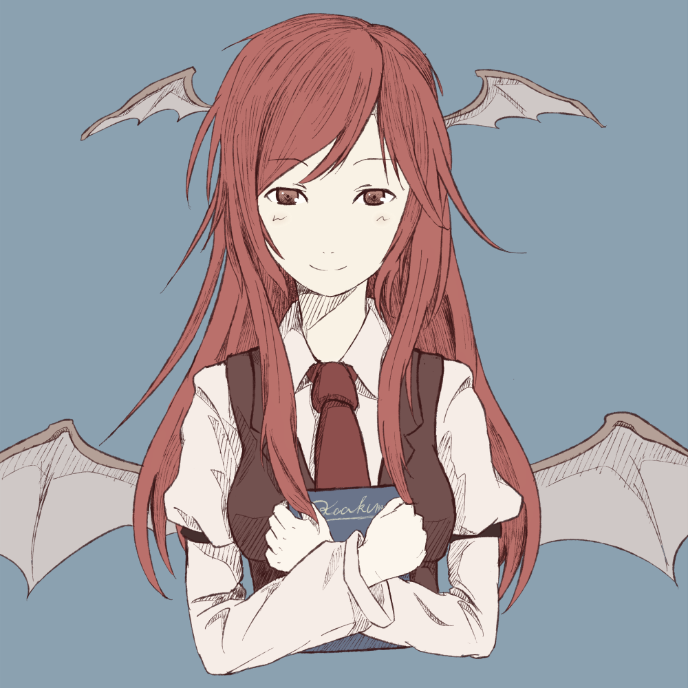 bat_wings book book_hug dress_shirt face head_wings holding holding_book kawashina_(momen_silicon) koakuma long_hair long_sleeves low_wings necktie red_eyes red_hair shirt simple_background smile solo touhou vest white_shirt wings