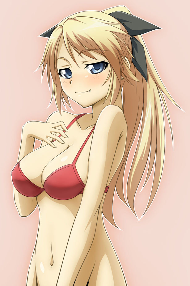 1girl artist_request bikini bikini_top blonde_hair blue_eyes breasts freckles katharine_ohare large_breasts long_hair looking_at_viewer ribbon smile solo strike_witches swimsuit