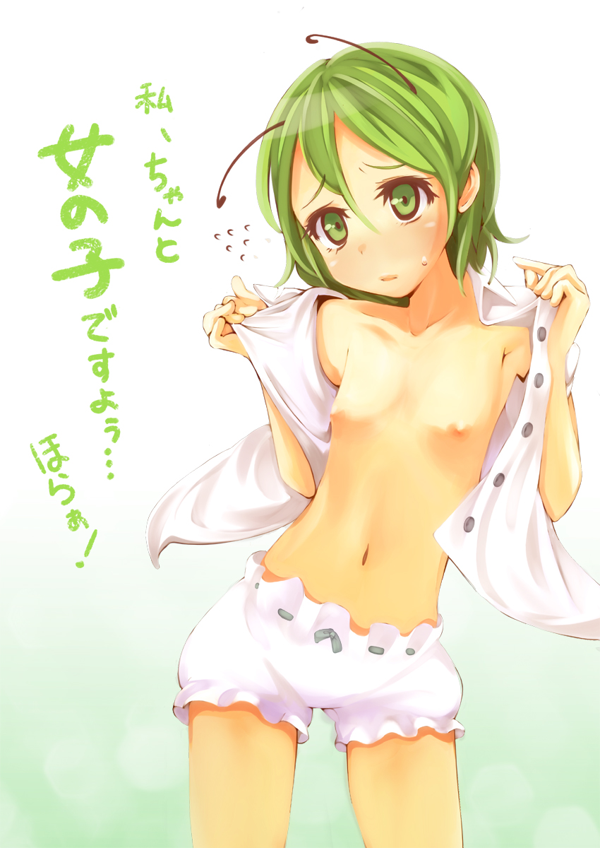 antennae bloomers collarbone flat_chest flying_sweatdrops green_eyes green_hair highres nara_(komado) navel nipples no_pants open_clothes open_shirt shirt short_hair solo sweatdrop touhou translated underwear undressing wriggle_nightbug