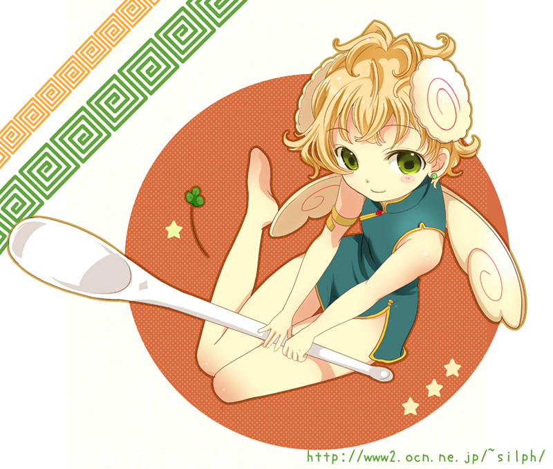 bad_id bad_pixiv_id blonde_hair china_dress chinese_clothes dress green_eyes minigirl original personification sitting solo spoon takeda_mika wings