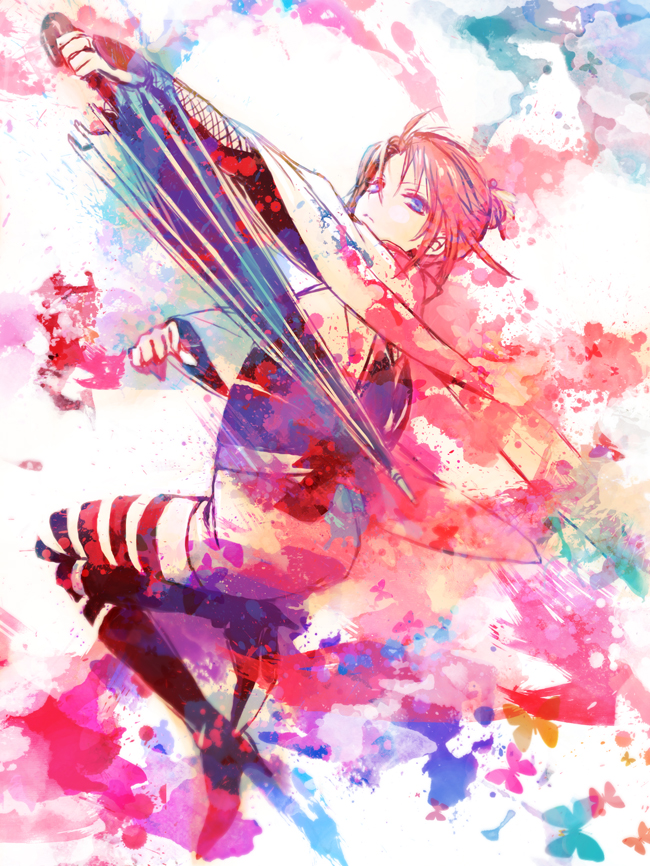 bad_id bad_pixiv_id blue_eyes boots bug butterfly closed_umbrella gintama hair_bun high_heels insect japanese_clothes kagura_(gintama) kimono long_sleeves mg_(mica) paint_splatter red_hair shoes solo striped striped_legwear thighhighs umbrella
