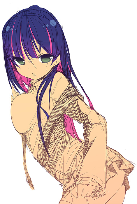 against_wall bangs breast_press breasts eyebrows_visible_through_hair from_side hase_neet large_breasts leaning_forward long_hair long_sleeves looking_at_viewer multicolored_hair off_shoulder panty_&amp;_stocking_with_garterbelt pink_hair purple_hair sketch solo spot_color standing stocking_(psg) sweat two-tone_hair