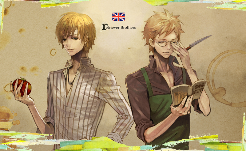 agasang apron blonde_hair book closed_eyes knife male_focus multiple_boys open_book original personification shirt striped striped_shirt