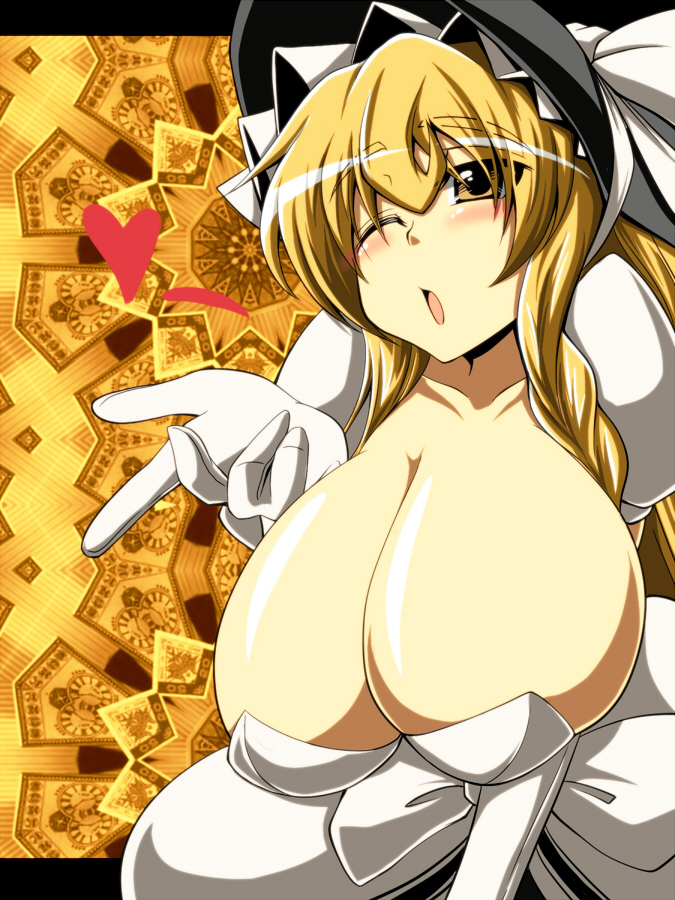 blonde_hair blown_kiss blush breasts cleavage gloves hat heart huge_breasts invincible_marisa kirisame_marisa new_super_marisa_land one_eye_closed regls solo thick_eyebrows touhou witch_hat yellow_eyes