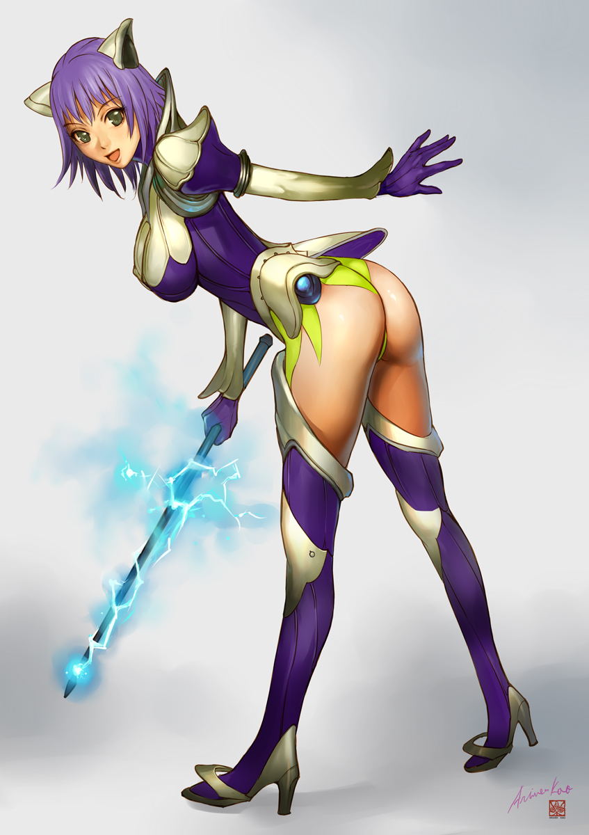 animal_ears ariverkao ass breasts gloves grey_eyes highres looking_back medium_breasts open_mouth original purple_hair short_hair smile solo