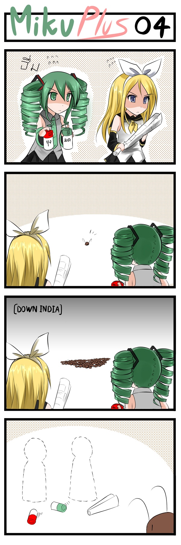 alternate_hairstyle bug catstudioinc_(punepuni) cockroach comic detached_sleeves hatsune_miku highres insect kagamine_rin multiple_girls peter_(miku_plus) silent_comic thai translated vocaloid