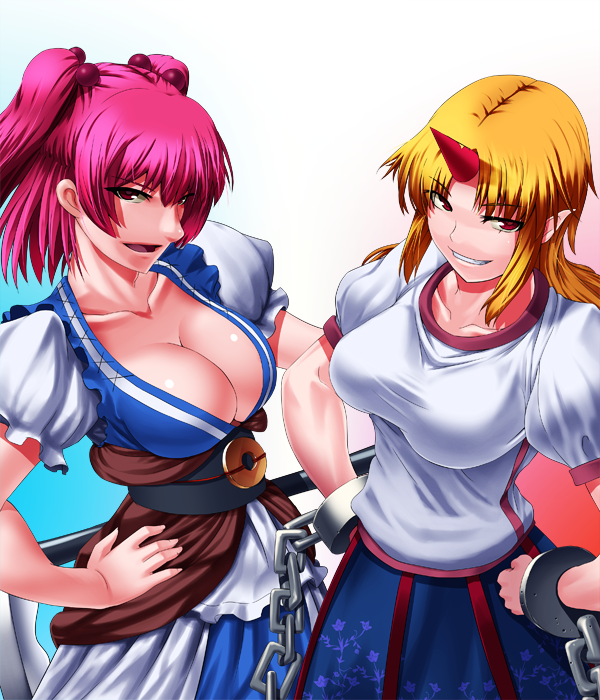 akimichi breasts chain hands_on_hips horn hoshiguma_yuugi large_breasts multiple_girls onozuka_komachi scythe touhou