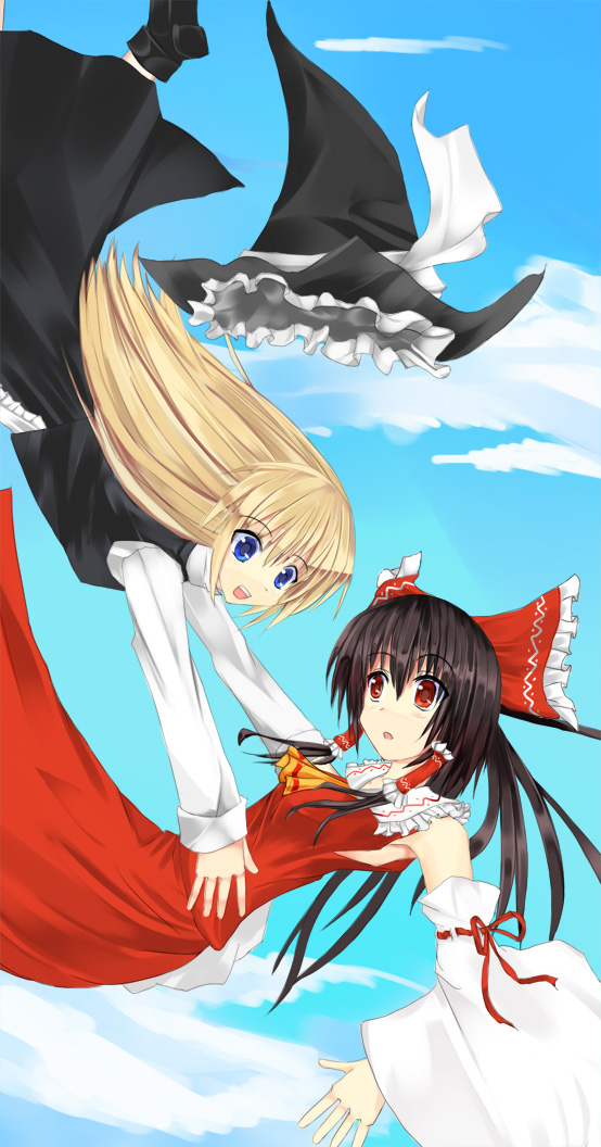 bad_id bad_pixiv_id blonde_hair blue_eyes bow cloud day detached_sleeves dress falling hair_bow hakurei_reimu hat kirisame_marisa multiple_girls niboss open_mouth red_eyes sky touhou witch_hat