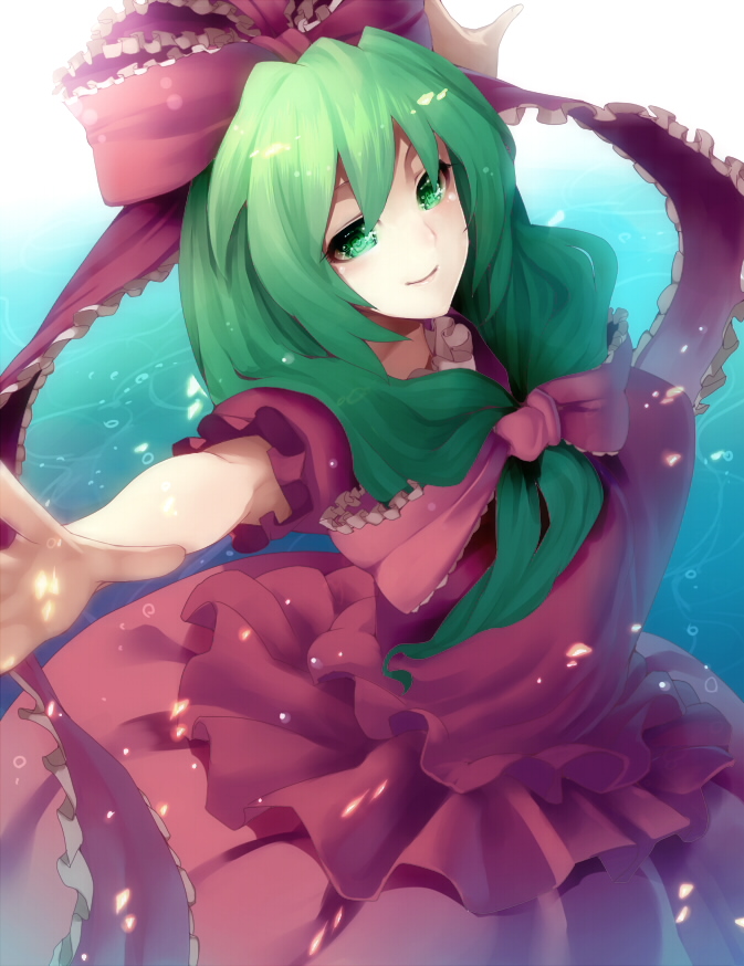 al_bhed_eyes bow frills front_ponytail green_eyes green_hair hair_bow hair_ribbon irohara_mitabi kagiyama_hina ribbon short_hair solo symbol-shaped_pupils touhou