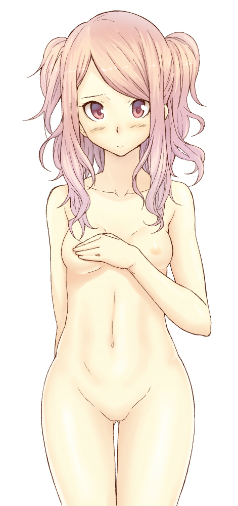 blush breast_hold breasts brown_eyes brown_hair covering covering_one_breast face hands hiroya_juuren looking_at_viewer nipples no_pussy nude original pink_eyes pink_hair short_hair shy simple_background small_breasts solo standing thigh_gap twintails wavy_hair