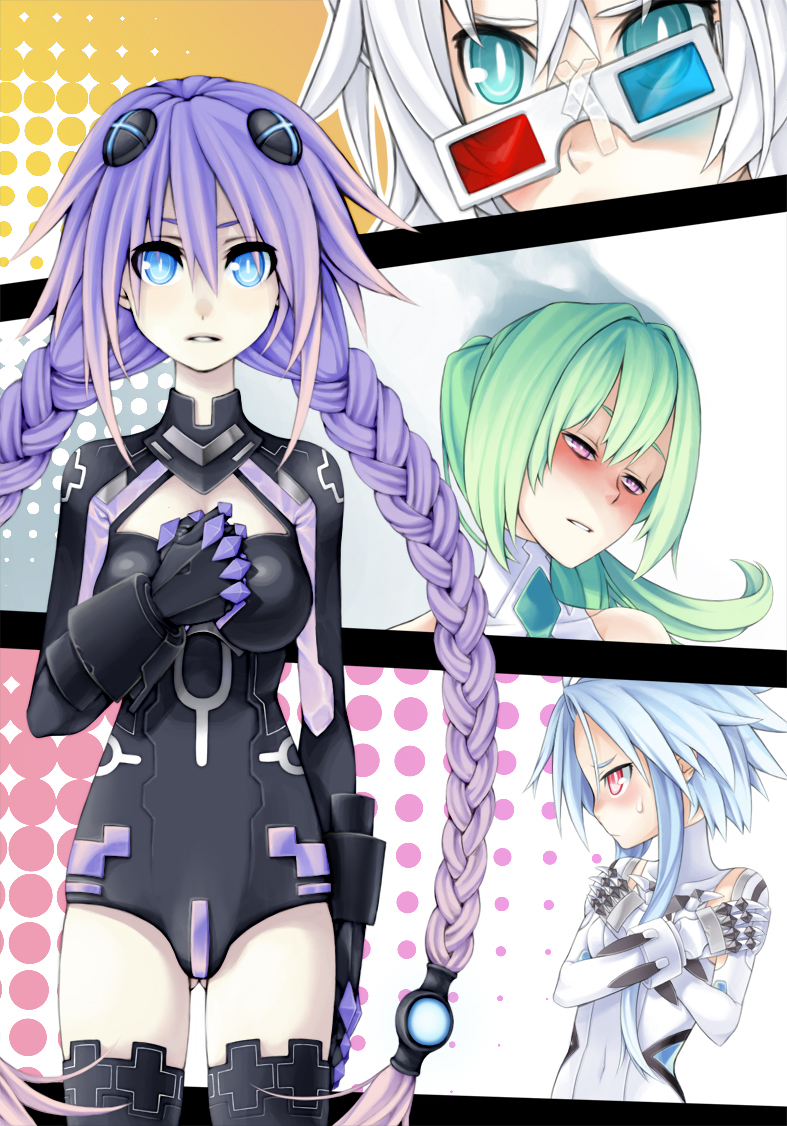 4girls age_difference aqua_eyes arasdel bangs black_heart blue_eyes blue_hair blush braid breast_envy breasts cleavage_cutout clenched_hand close-up column_lineup covered_navel covering covering_breasts cowboy_shot crossed_arms damaged elbow_gloves embarrassed from_side gauntlets gloves gradient gradient_background green_hair green_heart hair_between_eyes hair_ornament half-closed_eyes halftone halftone_background halterneck hand_on_own_chest head_tilt high_ponytail leotard long_hair looking_at_viewer looking_away magical_girl multiple_girls neptune_(series) nose_blush pale_skin parted_lips pink_eyes ponytail portrait power_symbol purple_hair purple_heart red_eyes short_hair short_hair_with_long_locks sidelocks small_breasts sweatdrop symbol-shaped_pupils tape thighhighs turtleneck twin_braids upper_body very_long_hair white_hair white_heart