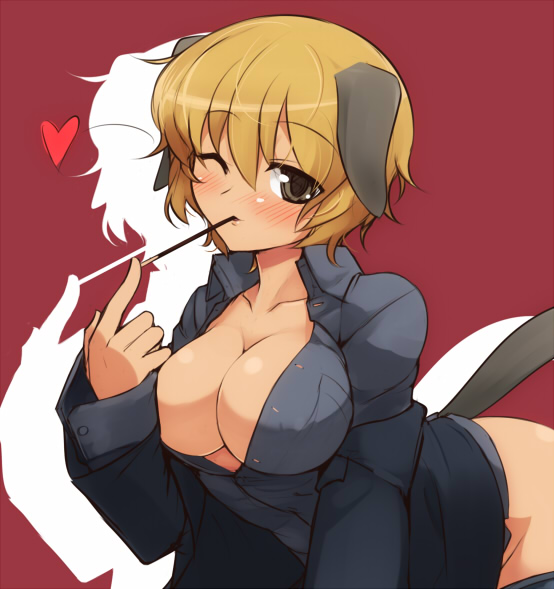 animal_ears bad_id bad_pixiv_id black_eyes blonde_hair blush brave_witches breasts cleavage food large_breasts null_(nyanpyoun) one_eye_closed open_clothes open_shirt pantyhose pantyhose_pull pocky shirt short_hair solo tail waltrud_krupinski world_witches_series