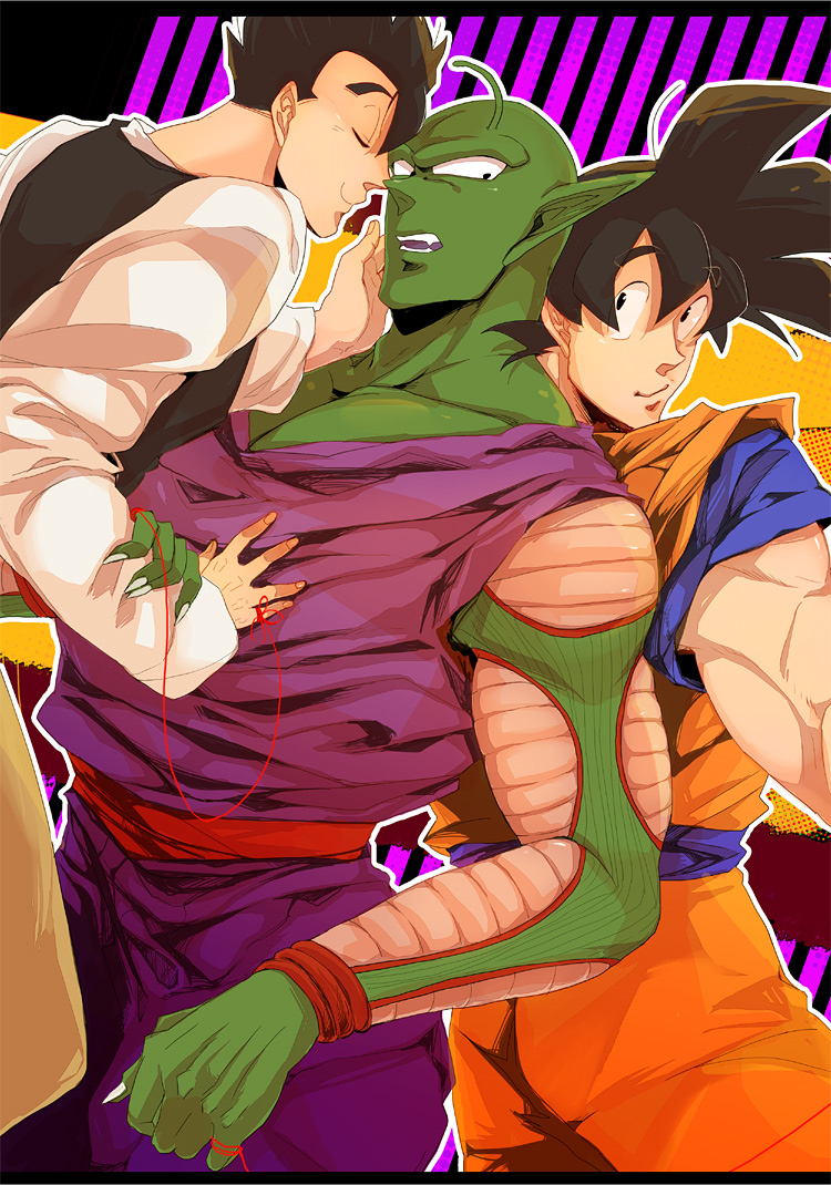 black_eyes black_hair dragon_ball dragonball_z green_skin male male_focus piccolo son_gohan son_goku son_gokuu yaoi