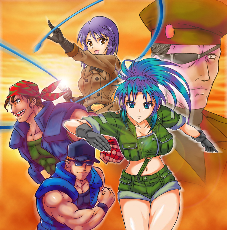 3boys bandana blue_hair breasts clark_still cleavage crop_top eyepatch gloves hat heidern large_breasts leona_heidern midriff multiple_boys multiple_girls navel ralf_jones shiny shiny_skin shirt shorts sleeves_rolled_up sunglasses taut_clothes taut_shirt the_king_of_fighters whip whip_(kof) yonecchi