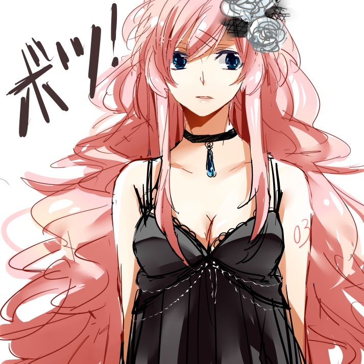bad_id bad_pixiv_id blue_eyes breasts choker cleavage dress flower formal hair_flower hair_ornament hatsuko jewelry large_breasts long_hair megurine_luka necklace pendant pink_hair sketch solo vocaloid