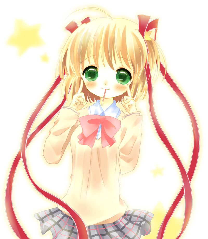 blonde_hair bow food green_eyes kamikita_komari kotori_(chilly_sky) little_busters! mouth_hold pink_bow pocky school_uniform short_hair solo