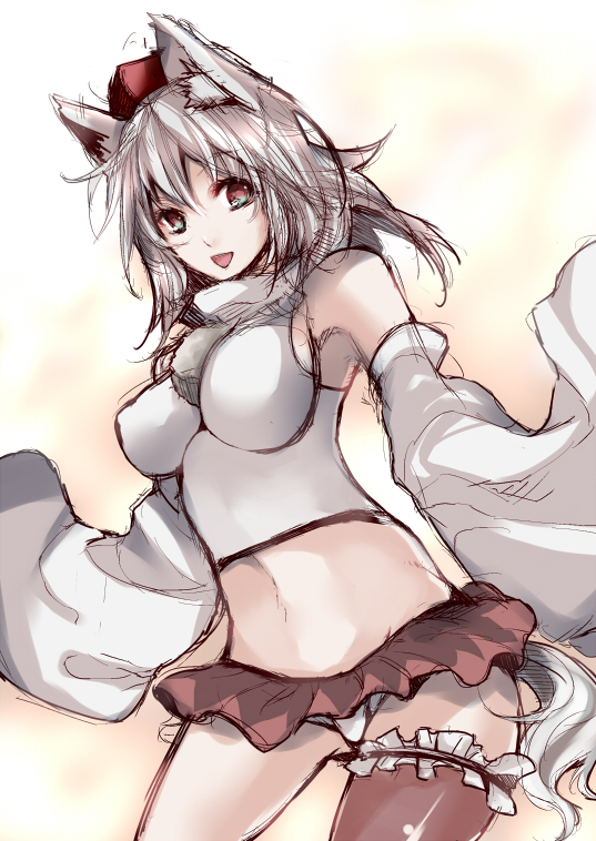 animal_ears atoshi bare_shoulders breasts detached_sleeves garters hat impossible_clothes impossible_shirt inubashiri_momiji medium_breasts microskirt panties red_eyes shirt silver_hair single_thighhigh sketch skirt smile solo tail thighhighs tokin_hat touhou underwear wolf_ears wolf_tail