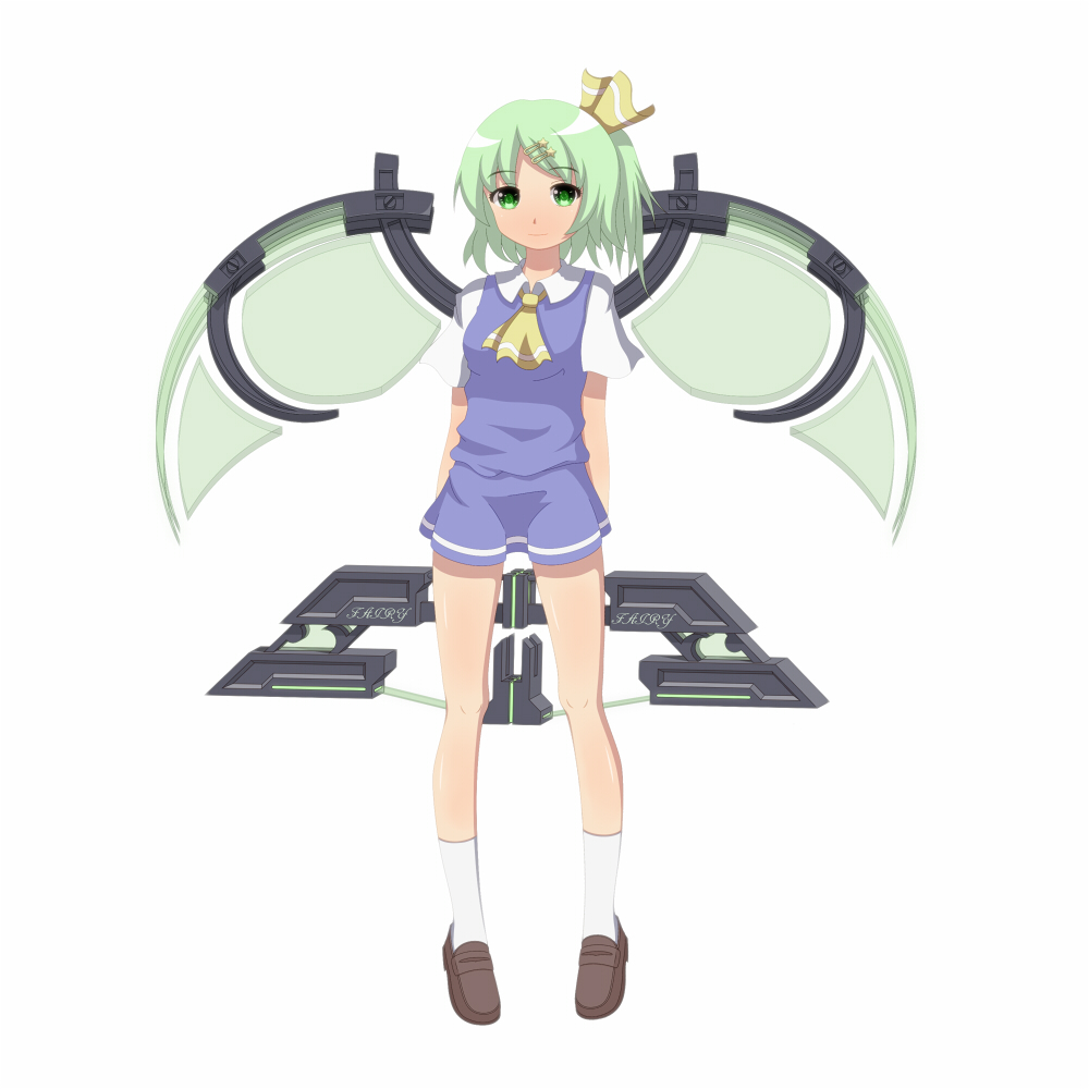 ascot bad_id bad_pixiv_id bow daiyousei dress green_eyes green_hair hair_bow hair_ornament hairclip kinakomoti legs loafers mechanical_wings shoes short_hair side_ponytail socks solo touhou wings