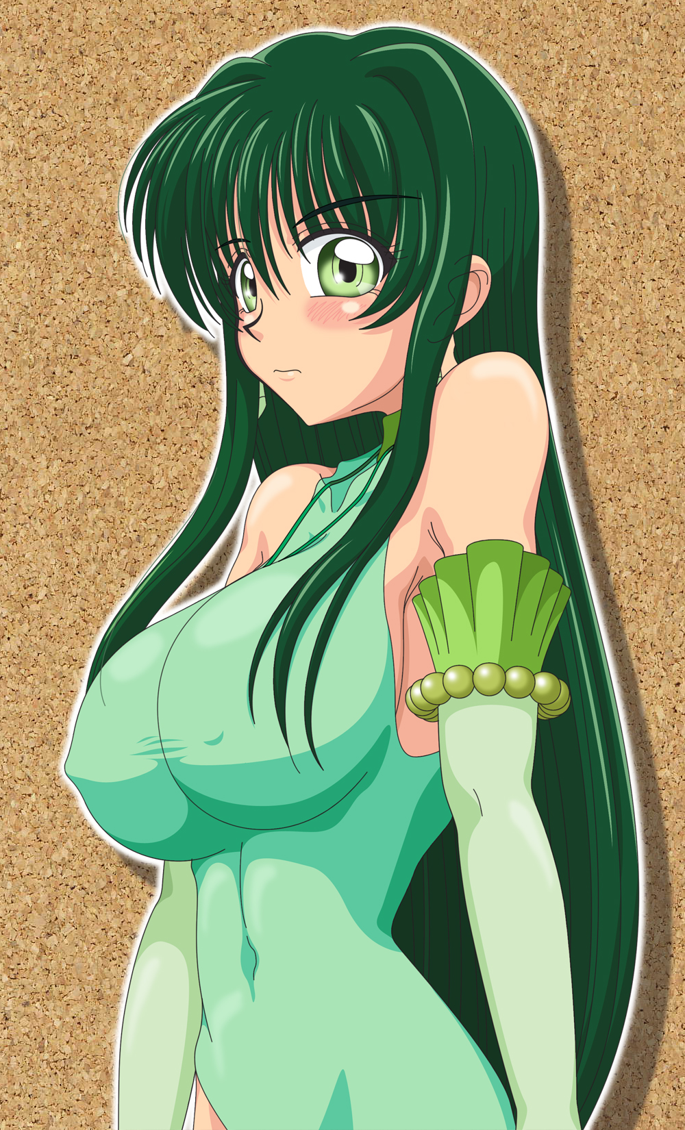 azu._(azu_pitch) breasts covered_nipples dress elbow_gloves gloves green_eyes green_hair highres large_breasts long_hair mermaid_melody_pichi_pichi_pitch solo touin_rina
