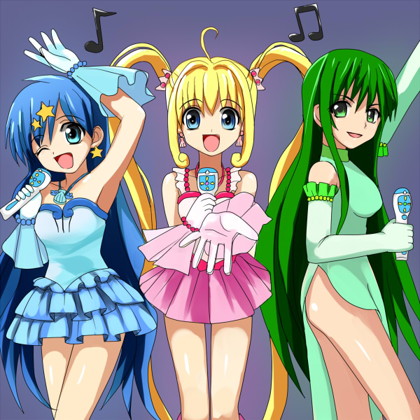 blonde_hair blue_eyes blue_hair dress gloves green_eyes green_hair houshou_hanon idol long_hair mermaid_melody_pichi_pichi_pitch microphone miru multiple_girls musical_note nanami_lucia one_eye_closed touin_rina