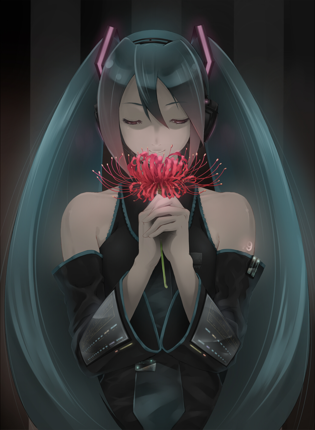 aqua_hair detached_sleeves flower hands_clasped hatsune_miku highres long_hair necktie own_hands_together ryouku saihate_(vocaloid) smile solo spider_lily twintails very_long_hair vocaloid