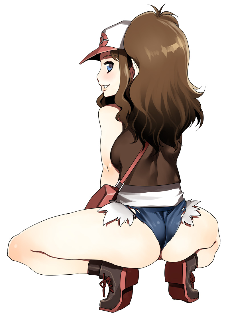 ass baseball_cap cutoffs denim denim_shorts hat mizuryuu_kei pokemon pokemon_(game) pokemon_bw ponytail shorts solo squatting touko_(pokemon)