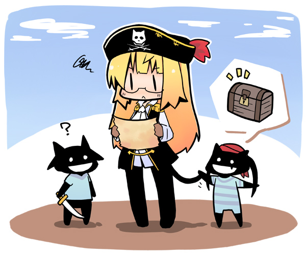 ? animalization ascot bandana blonde_hair chibi fang francesca_lucchini frown hat jolly_roger long_hair luu miyafuji_yoshika pantyhose perrine_h_clostermann pirate silhouette_demon skull_and_crossed_swords strike_witches sword tail treasure_chest twintails weapon world_witches_series