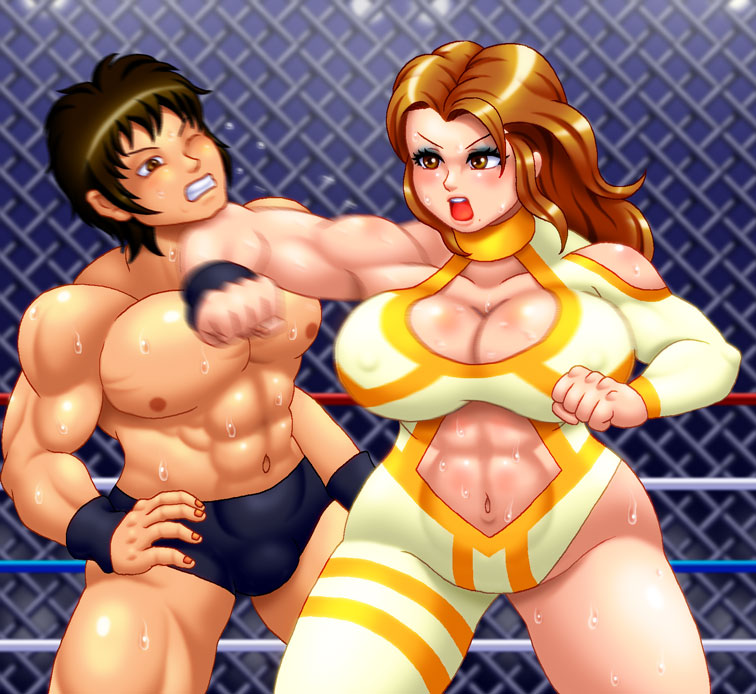 abs bands blush breasts eye_shadow eyeshadow fight fighting forearm_smash large_breasts makeup mixed_wrestling muscular_female navel punch punching spandex wrestle wrestler wrestling wrist