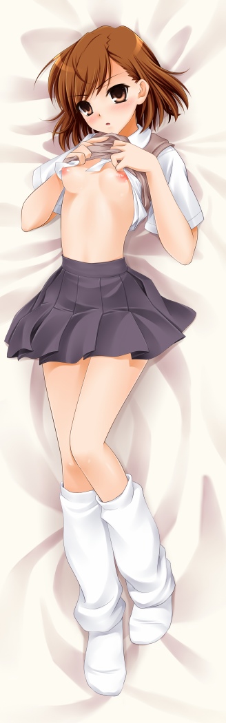 1girl :o bed blush body_pillow breasts brown_eyes brown_hair dakemakura-koubou dakimakura female long_image looking_at_viewer lying misaka_mikoto nipple nipples on_back school_uniform shirt_lift short_hair skirt socks solo tall_image to_aru_kagaku_no_railgun to_aru_majutsu_no_index tsundere