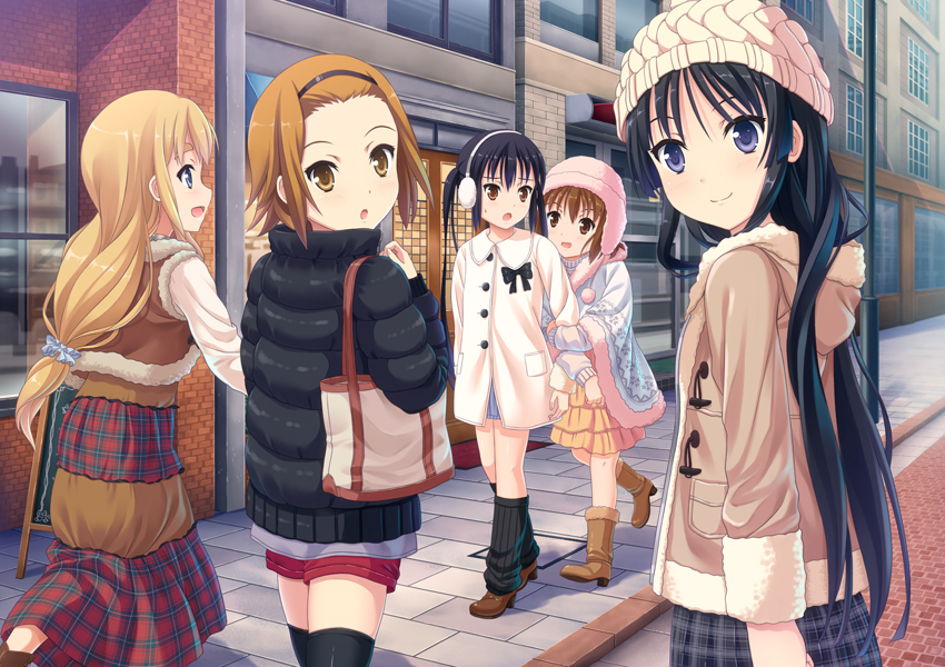 akiyama_mio black_eyes black_hair blonde_hair blue_eyes brown_eyes brown_hair earmuffs hat hirasawa_yui k-on! kotobuki_tsumugi long_hair multiple_girls nakano_azusa short_hair tainaka_ritsu thighhighs twintails uehara_yukihiko winter_clothes