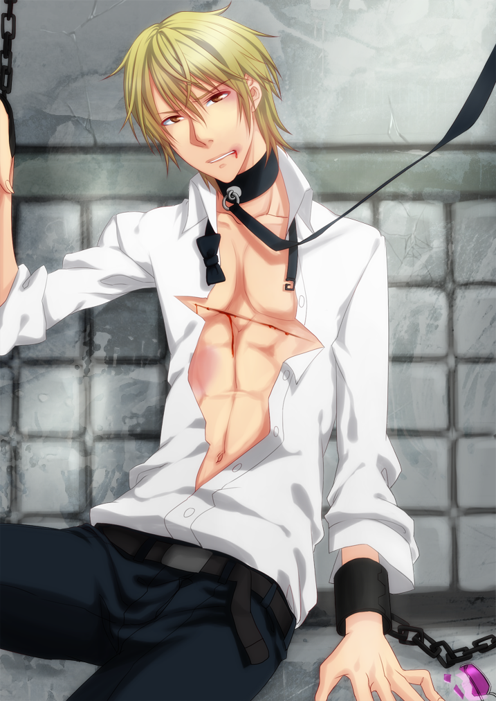 1boy bdsm blood bondage bound collar durarara!! heiwajima_shizuo leash male male_focus slave solo