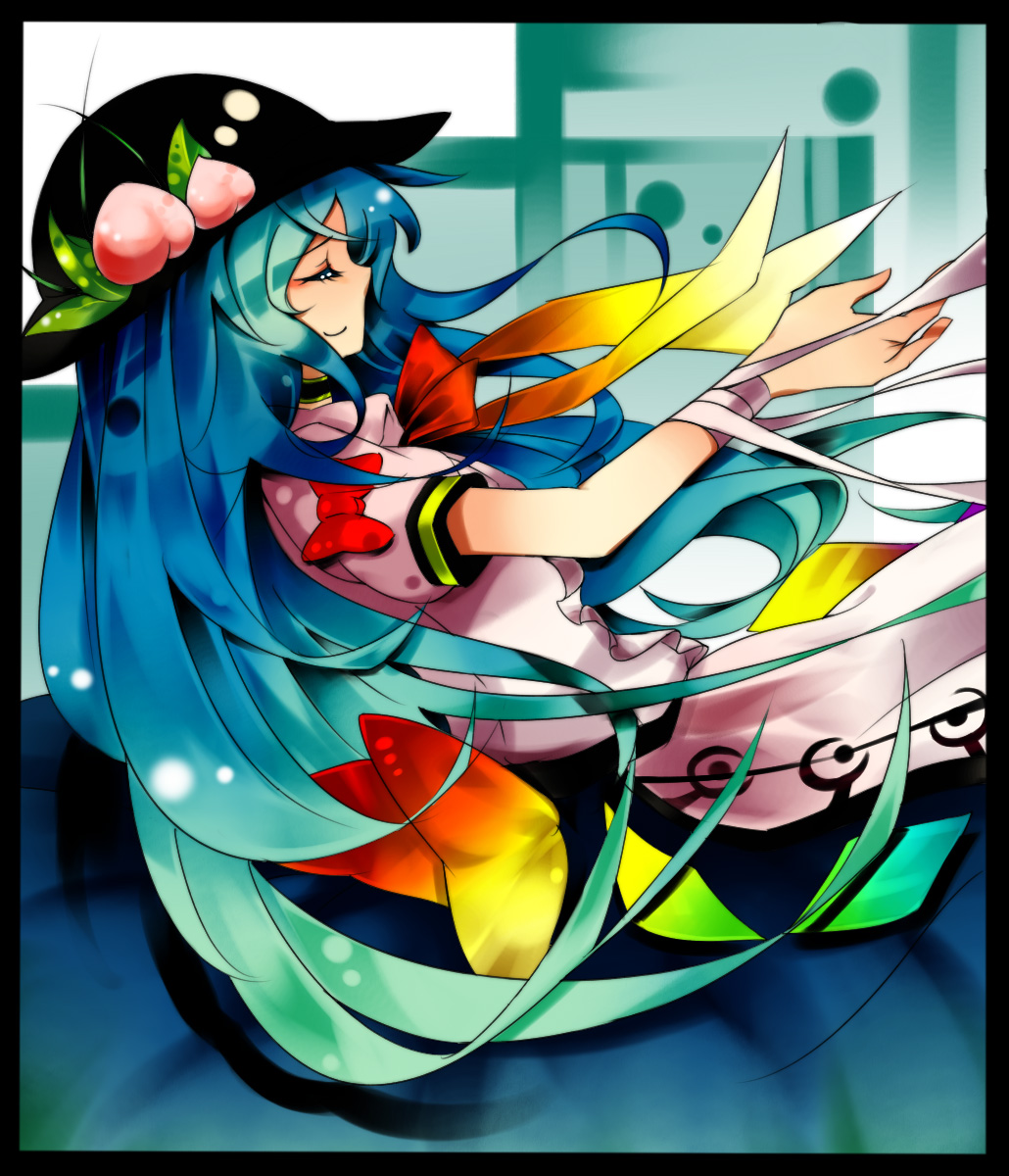 bandages blue_hair closed_eyes food fruit hat highres hinanawi_tenshi light_smile long_hair nekonote_(neconote) outstretched_arm peach profile solo touhou very_long_hair