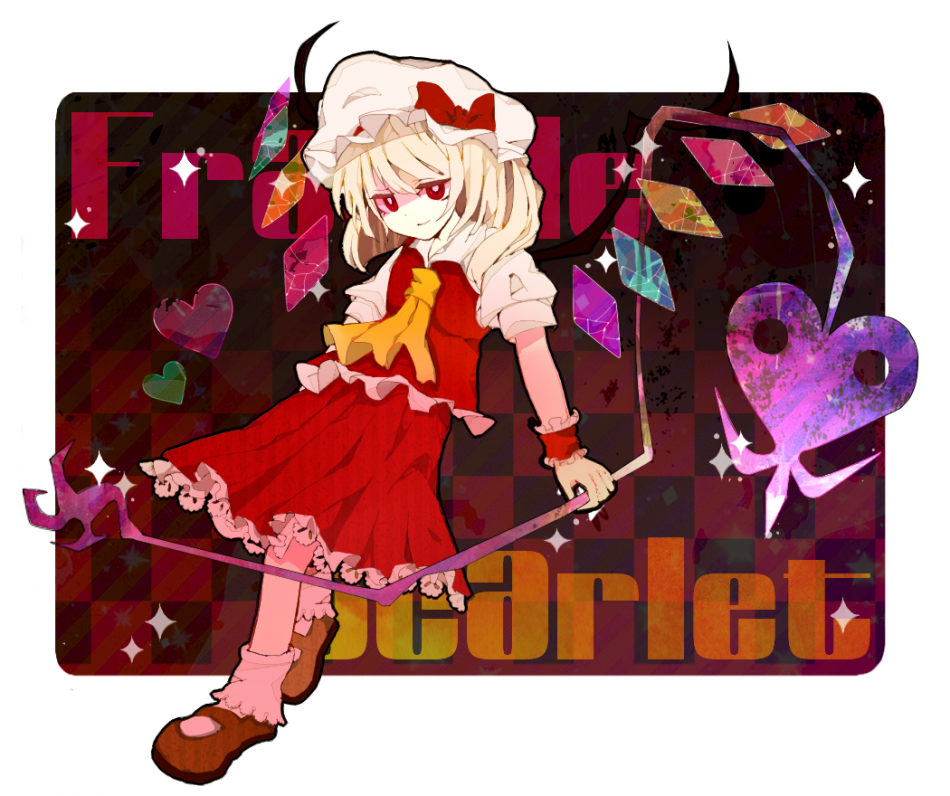 ascot bad_id bad_pixiv_id blonde_hair character_name checkered checkered_background flandre_scarlet hat heart laevatein mary_janes red_eyes shoes solo south_(monookibako) touhou wings