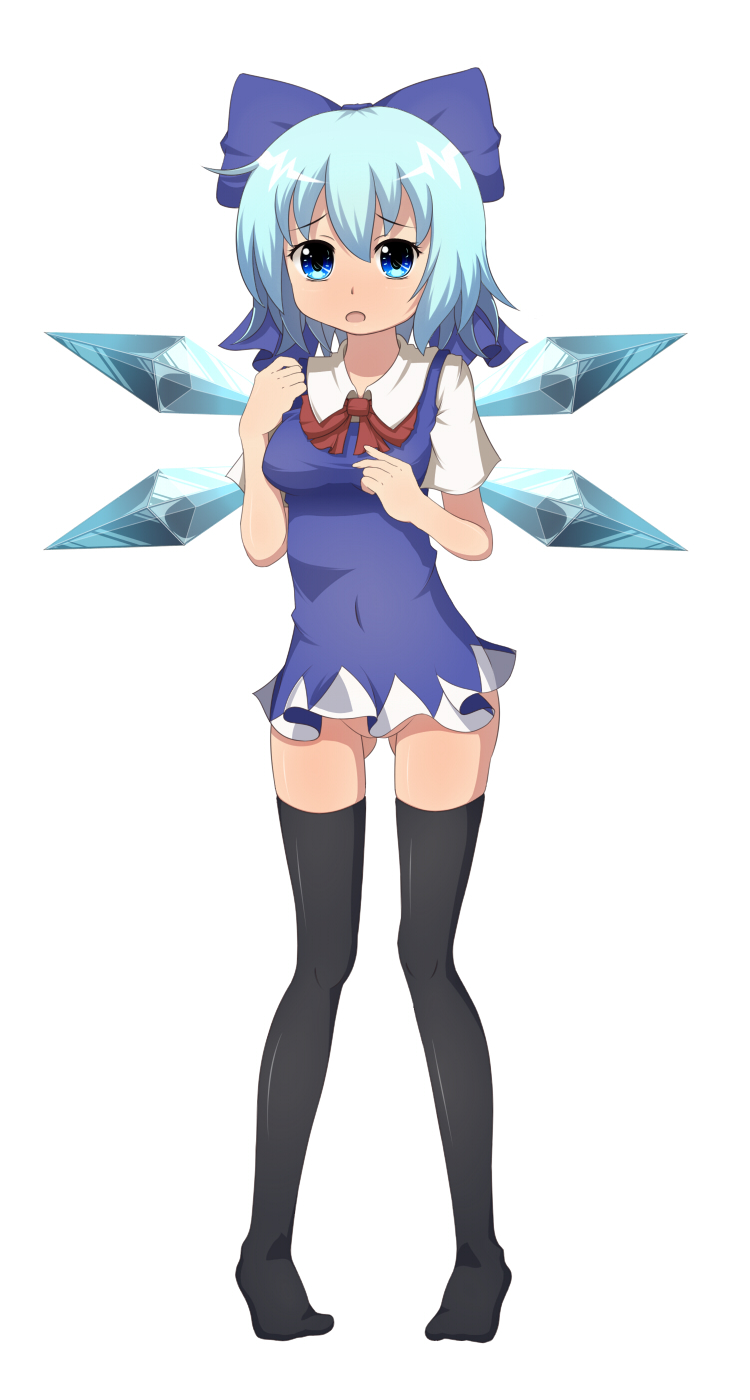 ass_visible_through_thighs bad_id bad_pixiv_id black_legwear blue_eyes blue_hair bow breasts cirno dress full_body hair_bow highres kinakomoti looking_at_viewer microdress no_panties short_hair short_sleeves simple_background solo standing thighhighs touhou wings zettai_ryouiki