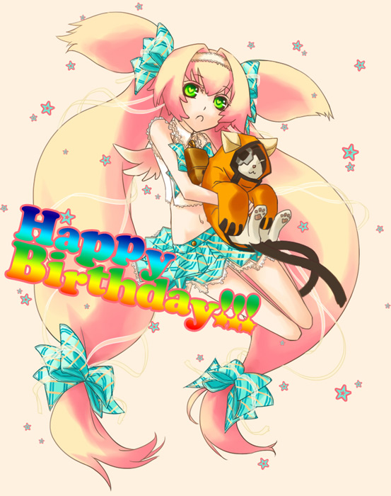 blazblue character_doll doll hair_ribbon happy_birthday jubei_(blazblue) long_hair low-tied_long_hair magical_girl midriff mini_wings navel noco platinum_the_trinity quad_tails ribbon skirt solo stuffed_animal stuffed_cat stuffed_toy symbol-shaped_pupils two_side_up very_long_hair