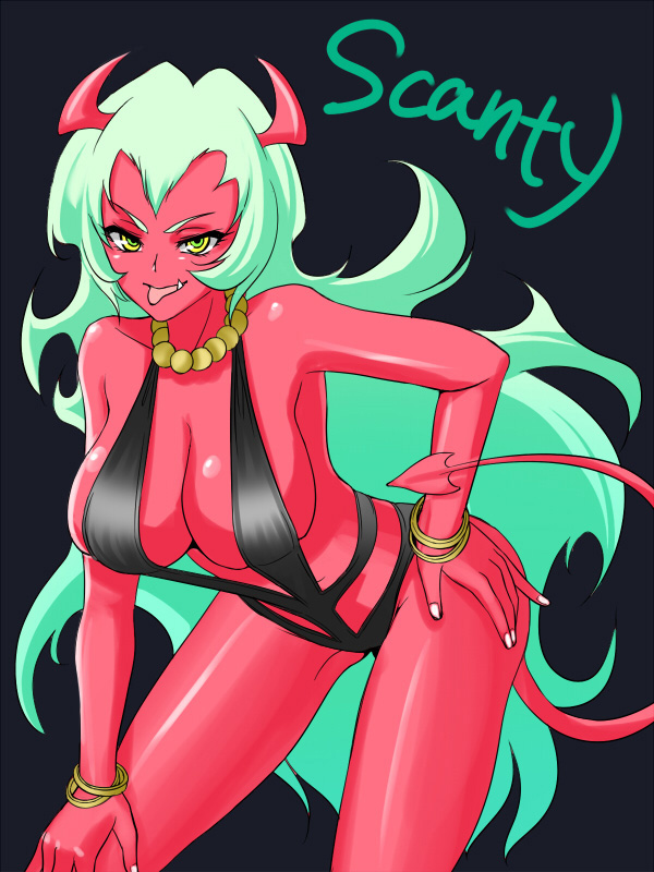 :p breasts cleavage demon_girl large_breasts panty_&amp;_stocking_with_garterbelt red_skin scanty scanty_(psg) swimsuit tail tongue tongue_out youshuu