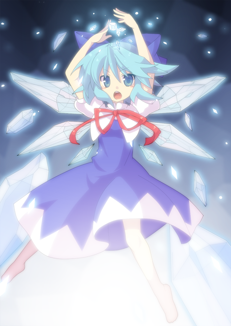 arms_up blue_eyes blue_hair cirno fuiyu_(feuille0818) ice open_mouth short_hair solo touhou