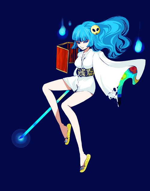 bishamon blue_eyes blue_hair capcom fukusha katana midnight_bliss sandals sword vampire_(game) weapon